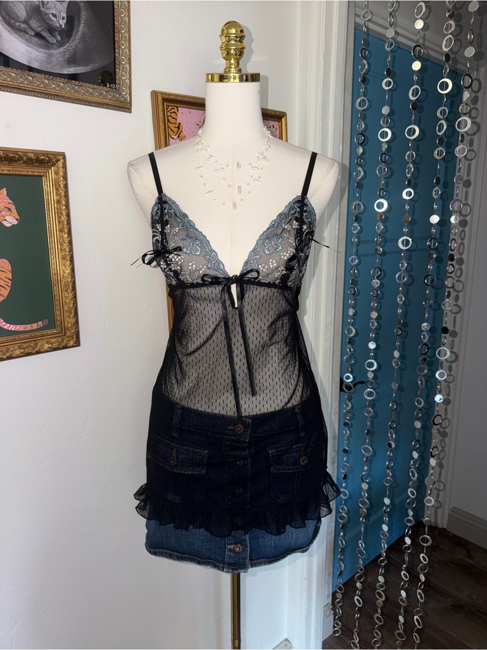 Vintage Y2K Sheer Black Lace Chemise with Bow Detail - Black